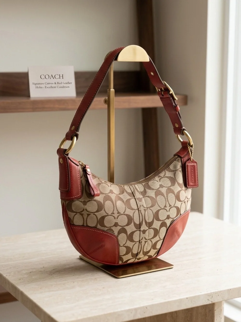 Coach Tan Signature Canvas Hobo with Red Leather Trim Rare Vintage Y2K